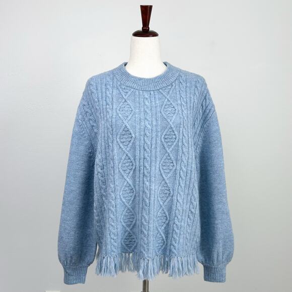 Farmers Market Blue Chunky Cable Knit Scarf Fringe Crewneck Sweater Large - Picture 2 of 9